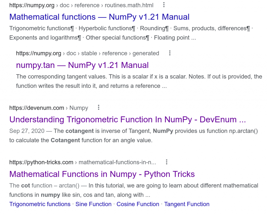 Search results of numpy cotangent